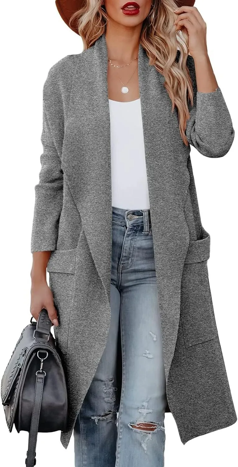 Womens Wool Blend Coat Casual Loose Lapel Open Front Cardigan Oversized Knit Long Sleeve Jacket Winter Overcoat