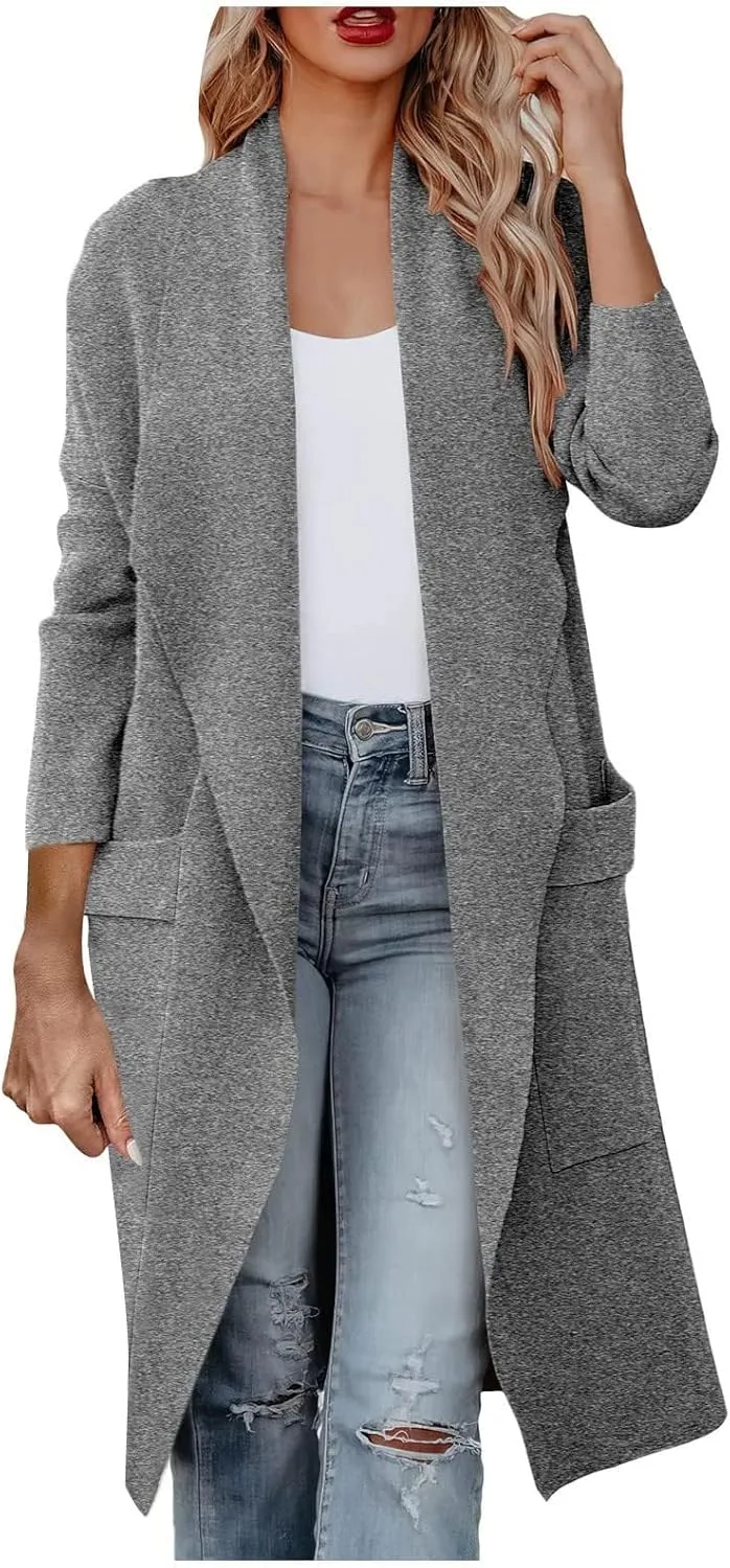 Womens Wool Blend Coat Casual Loose Lapel Open Front Cardigan Oversized Knit Long Sleeve Jacket Winter Overcoat