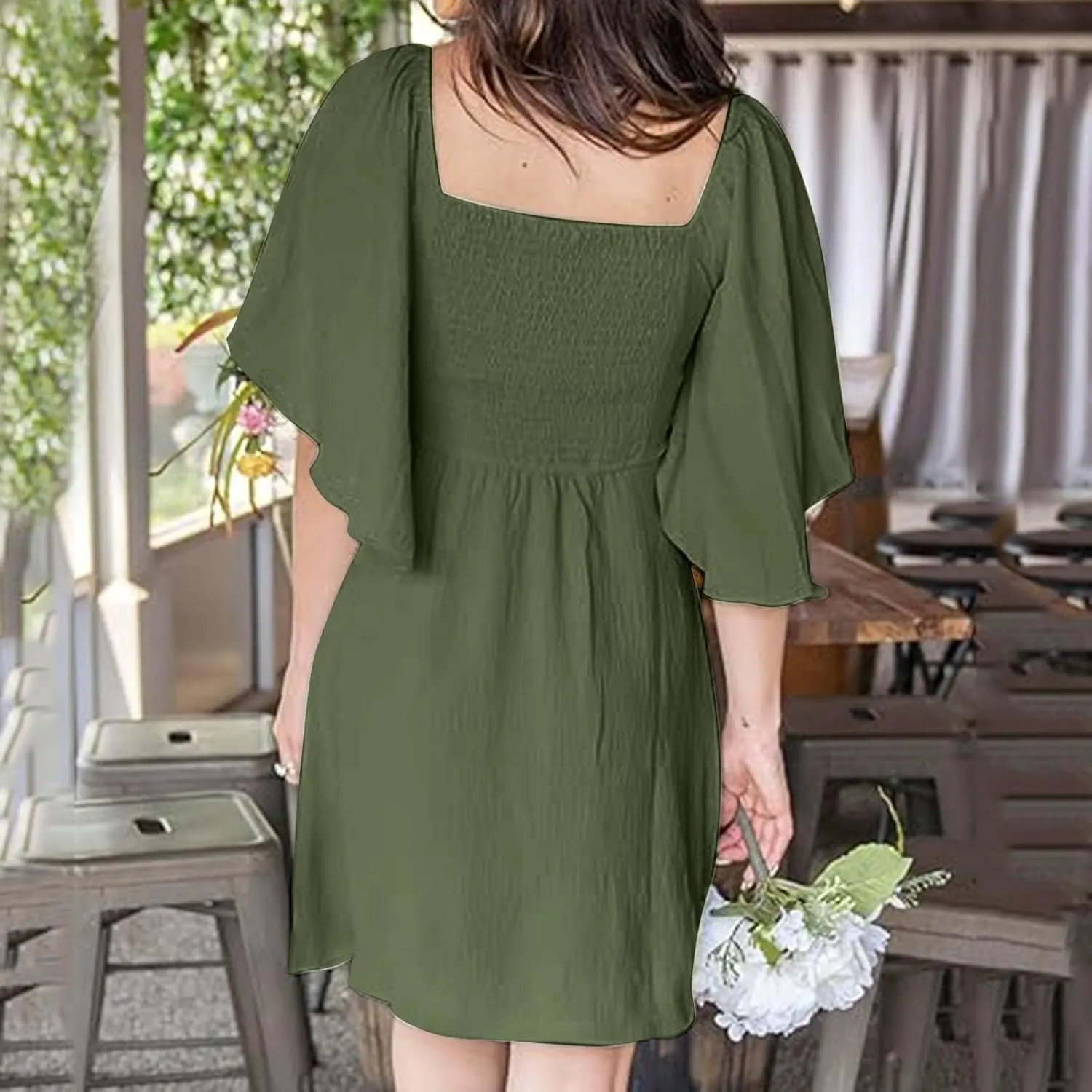 Women's Wrap V Neck Short Flared Sleeve Wedding Guest Dress Smocked Elastic Waist Tiered Belted Ruffle Hem Mini Dress