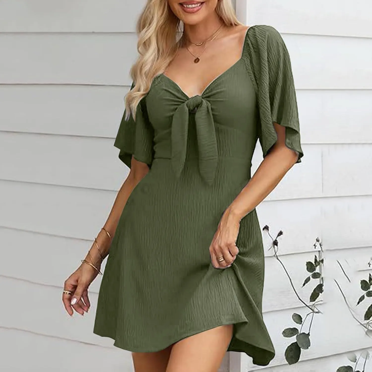 Women's Wrap V Neck Short Flared Sleeve Wedding Guest Dress Smocked Elastic Waist Tiered Belted Ruffle Hem Mini Dress