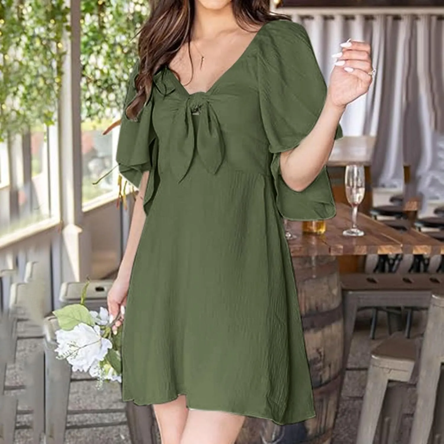 Women's Wrap V Neck Short Flared Sleeve Wedding Guest Dress Smocked Elastic Waist Tiered Belted Ruffle Hem Mini Dress