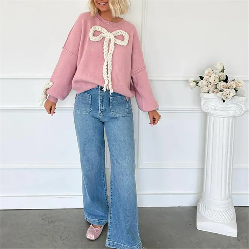 Women's Y2k Oversized Sweater Tied with Bow Long Sleeve Knitted Pullover Fairycore Grunge Shirt Tops Knitwear