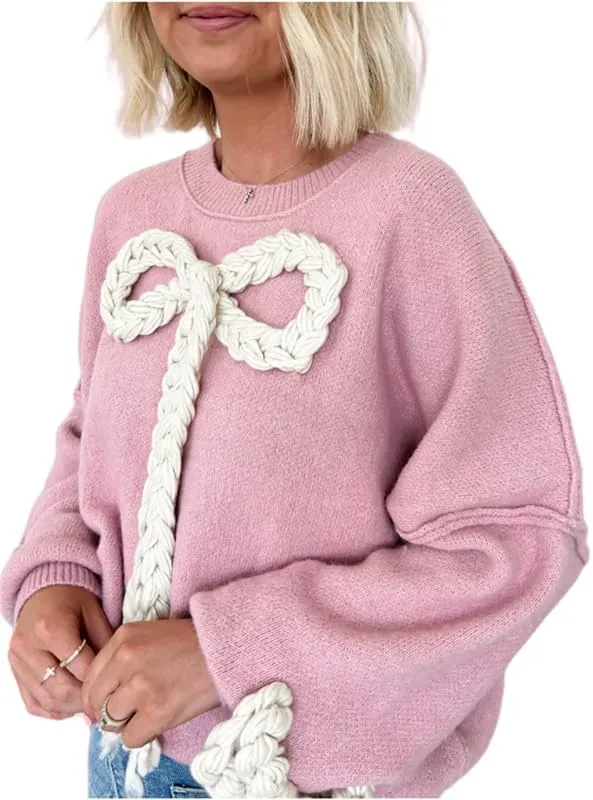 Women's Y2k Oversized Sweater Tied with Bow Long Sleeve Knitted Pullover Fairycore Grunge Shirt Tops Knitwear