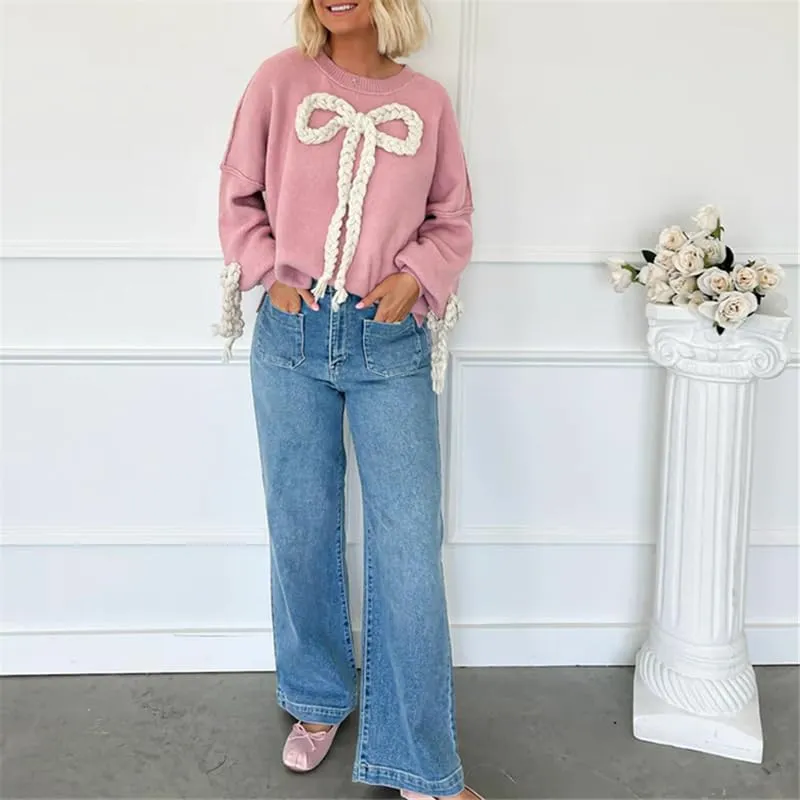 Women's Y2k Oversized Sweater Tied with Bow Long Sleeve Knitted Pullover Fairycore Grunge Shirt Tops Knitwear