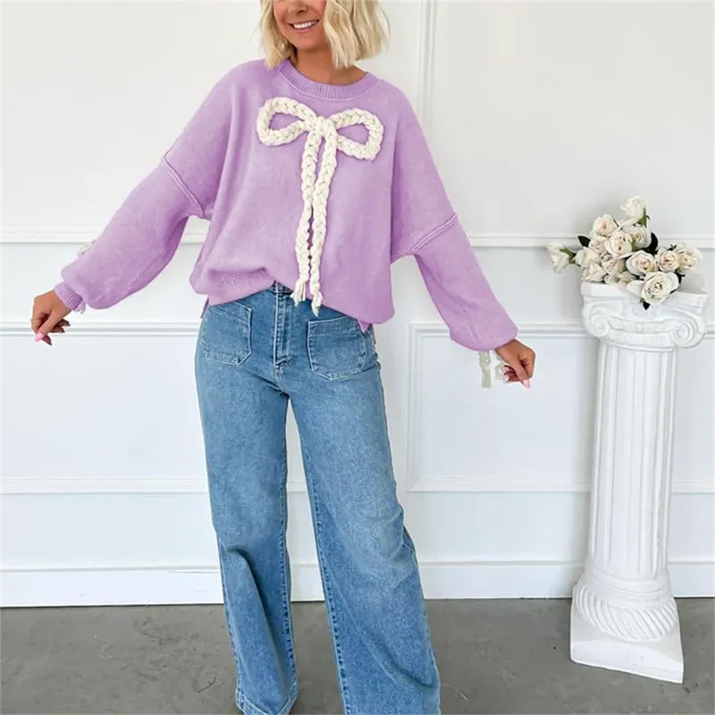 Women's Y2k Oversized Sweater Tied with Bow Long Sleeve Knitted Pullover Fairycore Grunge Shirt Tops Knitwear