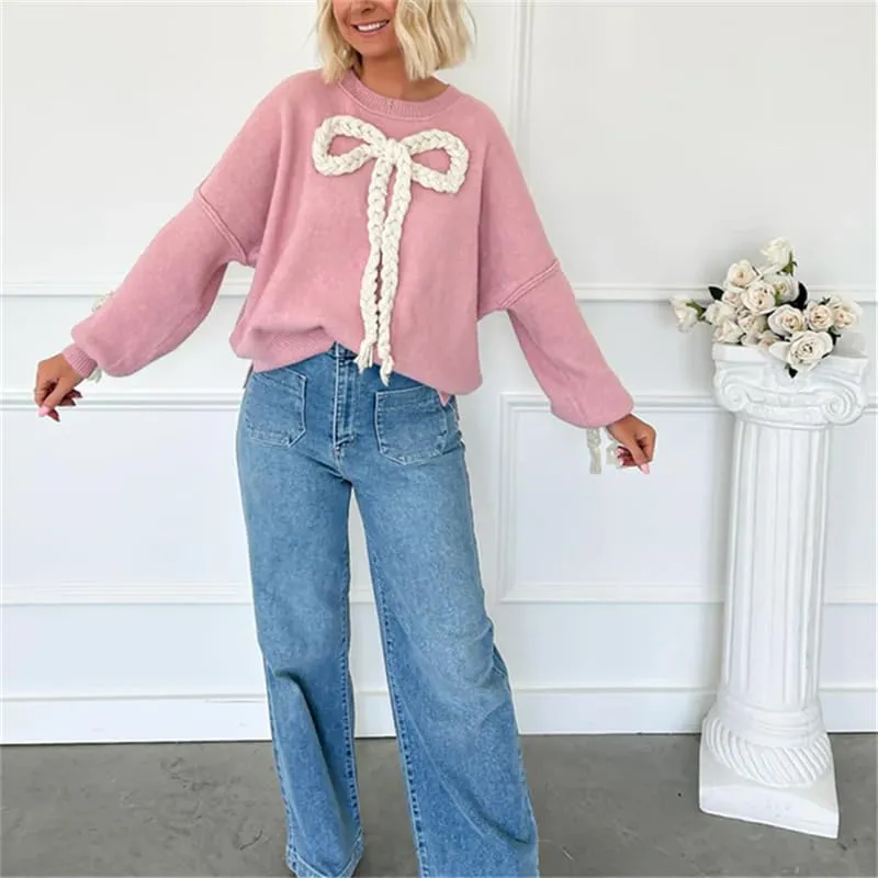 Women's Y2k Oversized Sweater Tied with Bow Long Sleeve Knitted Pullover Fairycore Grunge Shirt Tops Knitwear
