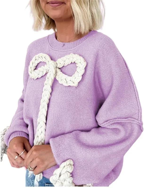 Women's Y2k Oversized Sweater Tied with Bow Long Sleeve Knitted Pullover Fairycore Grunge Shirt Tops Knitwear