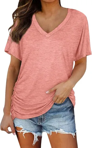 XIAOBU Leisure T-Shirt Women's Loose V Neck Short Sleeve Tunic Tops Shirred Side Hem Solid Soft Cozy Tee Shirt