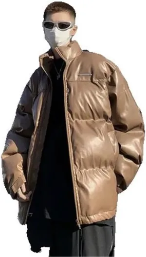 Xingfenly Winter Thickened Leather Cotton-padded Coat Men' Retro Stand Collar Loose Handsome Street Male Clothes