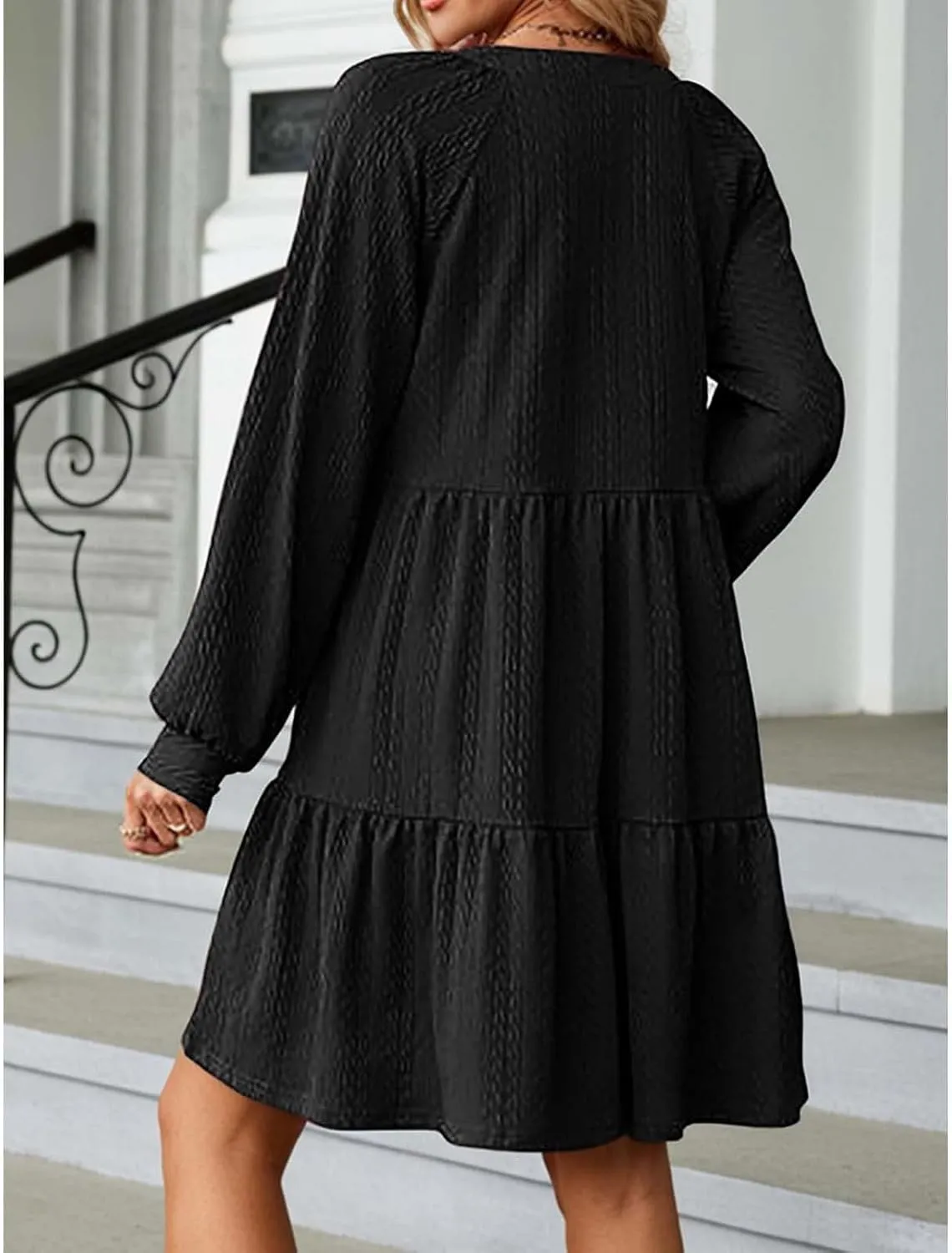 XOWRTE Womens Mini Dresses 2024 Long Sleeve V Neck Textured Casual Tiered Ruffle A-Line Swing Mini Babydoll Dress Party Dress