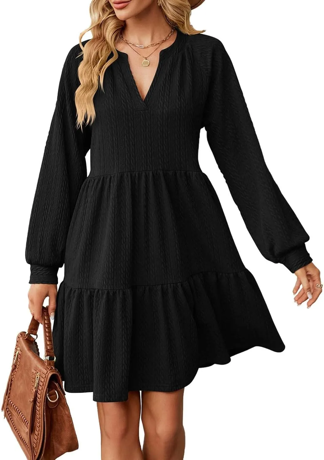 XOWRTE Womens Mini Dresses 2024 Long Sleeve V Neck Textured Casual Tiered Ruffle A-Line Swing Mini Babydoll Dress Party Dress