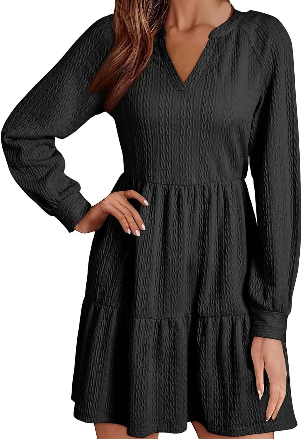 XOWRTE Womens Mini Dresses 2024 Long Sleeve V Neck Textured Casual Tiered Ruffle A-Line Swing Mini Babydoll Dress Party Dress