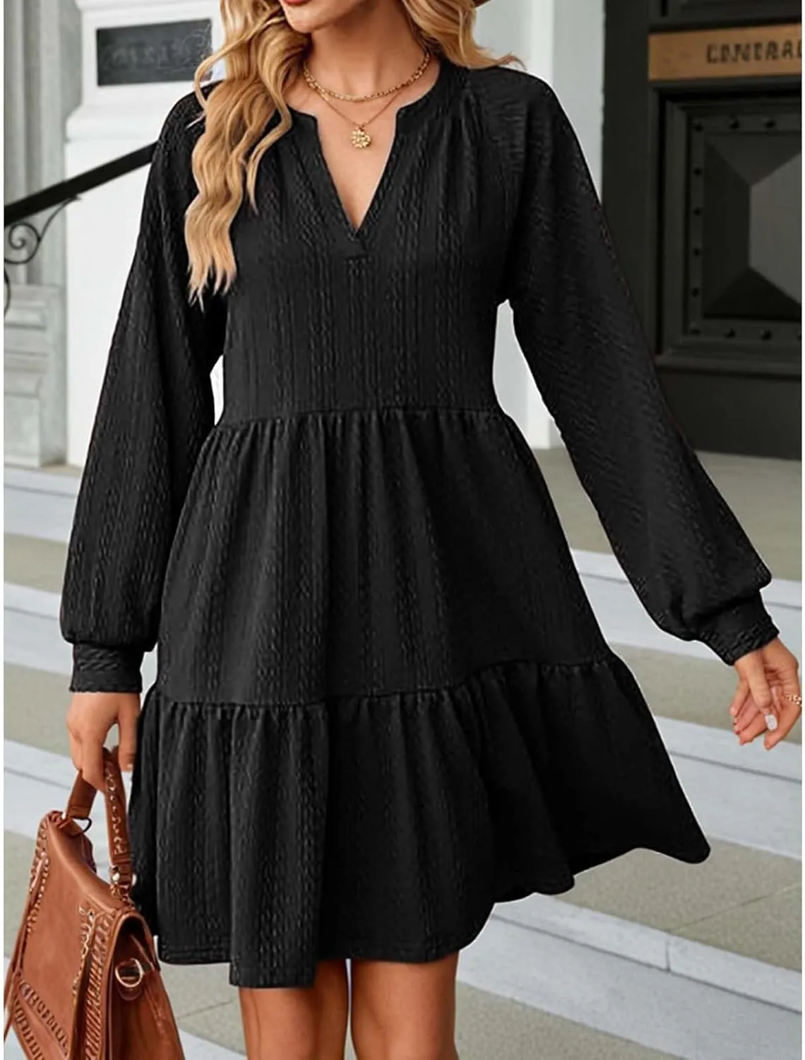 XOWRTE Womens Mini Dresses 2024 Long Sleeve V Neck Textured Casual Tiered Ruffle A-Line Swing Mini Babydoll Dress Party Dress