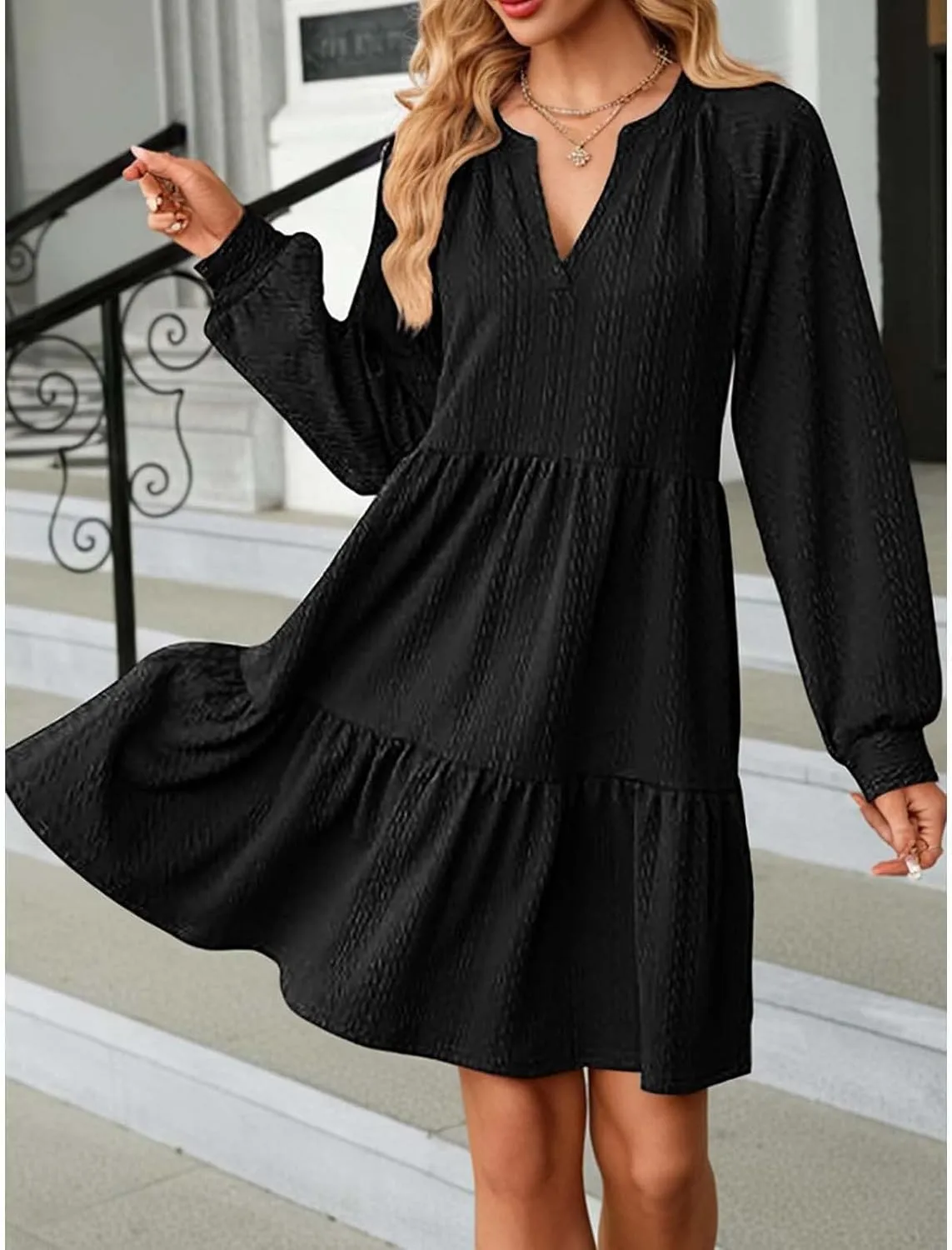 XOWRTE Womens Mini Dresses 2024 Long Sleeve V Neck Textured Casual Tiered Ruffle A-Line Swing Mini Babydoll Dress Party Dress