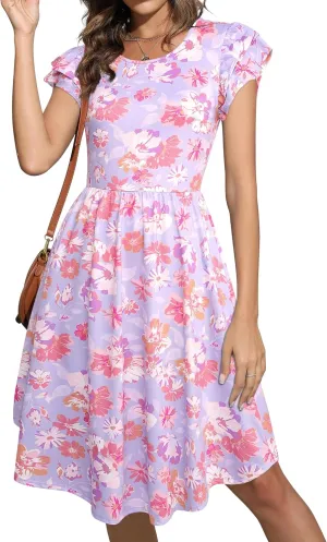 YATHON Casual Dress for Women Summer Round Neck Ruffle Cap Sleeveless Swing A Line Floral High Low Hem Sundresses with Pocket