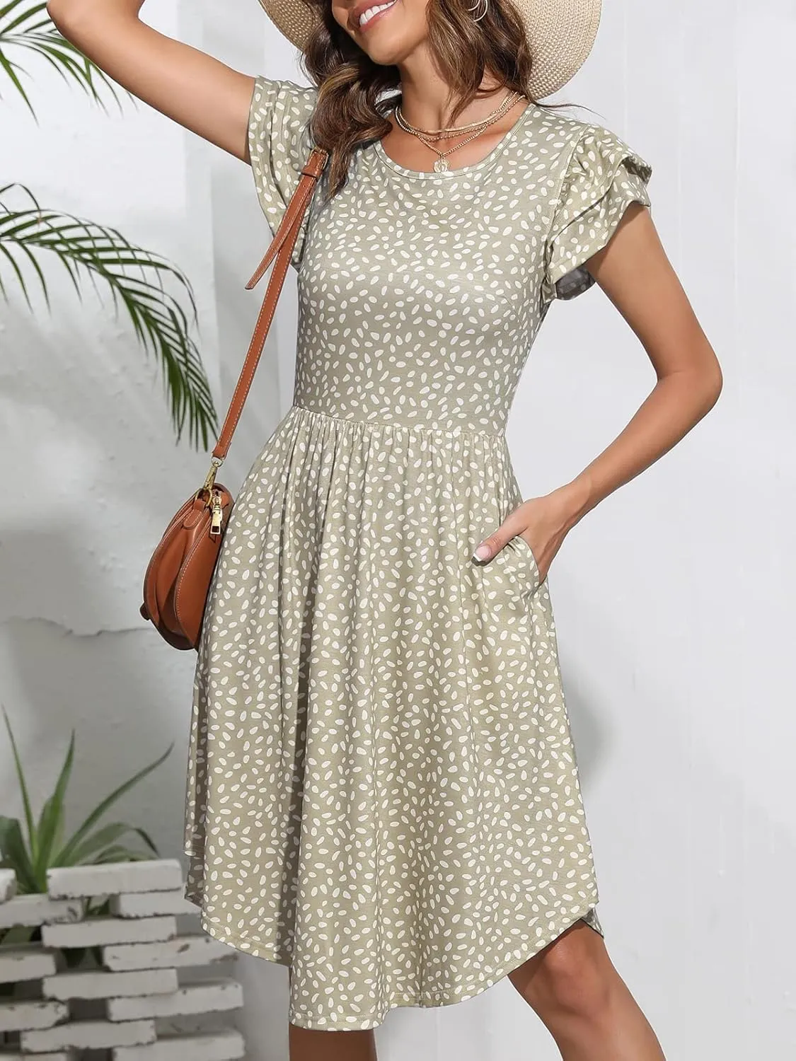 YATHON Casual Dress for Women Summer Round Neck Ruffle Cap Sleeveless Swing A Line Floral High Low Hem Sundresses with Pocket