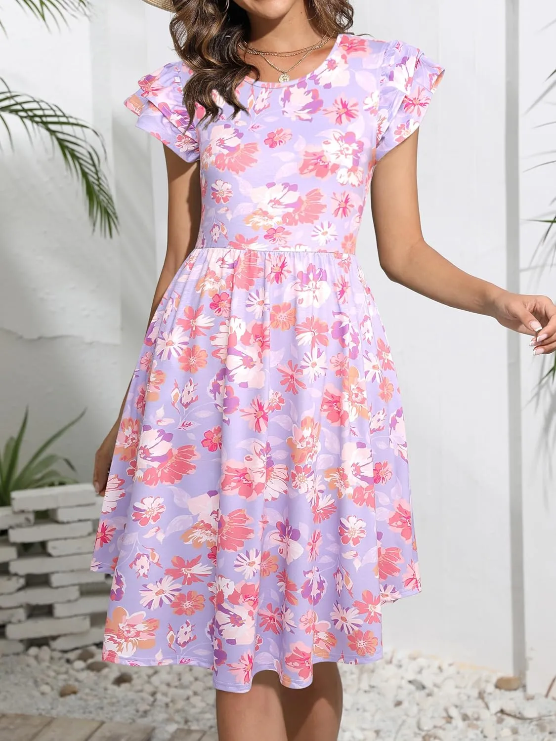 YATHON Casual Dress for Women Summer Round Neck Ruffle Cap Sleeveless Swing A Line Floral High Low Hem Sundresses with Pocket