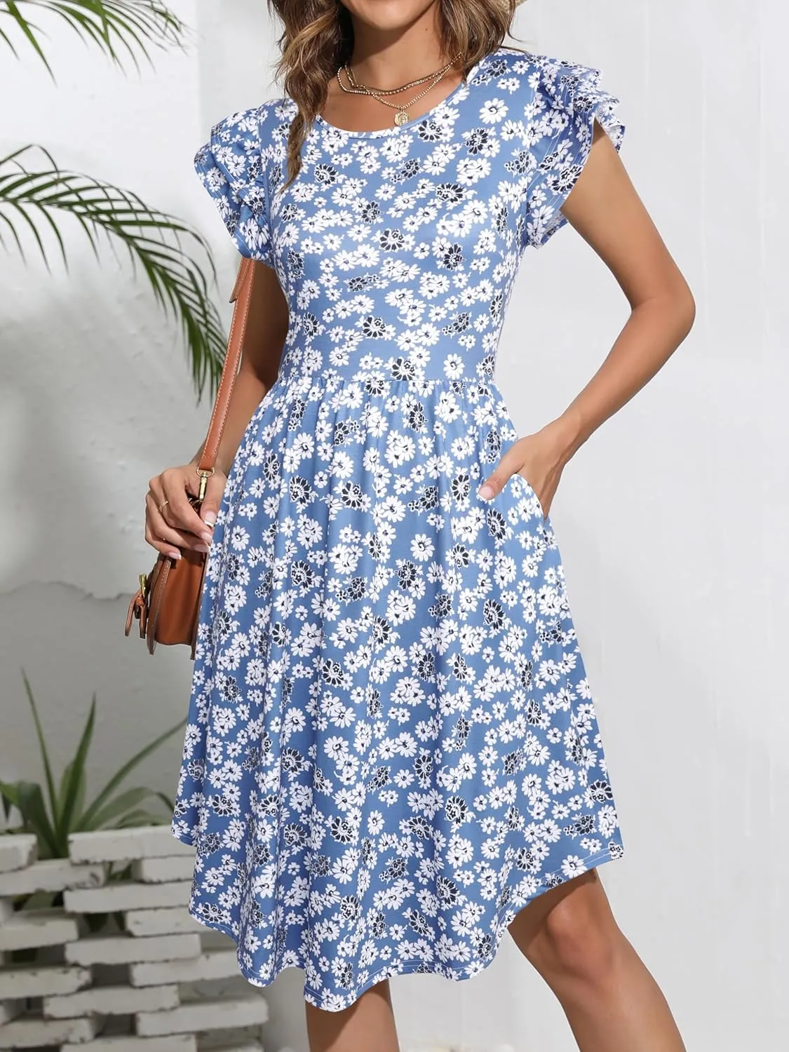 YATHON Casual Dress for Women Summer Round Neck Ruffle Cap Sleeveless Swing A Line Floral High Low Hem Sundresses with Pocket