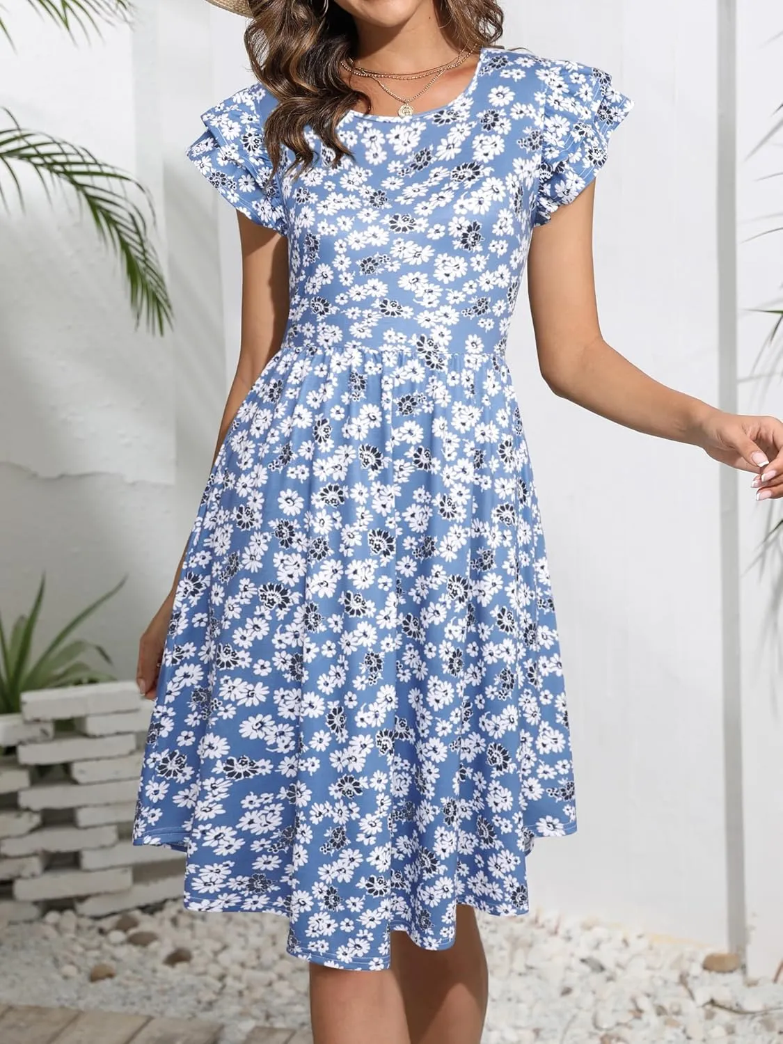 YATHON Casual Dress for Women Summer Round Neck Ruffle Cap Sleeveless Swing A Line Floral High Low Hem Sundresses with Pocket