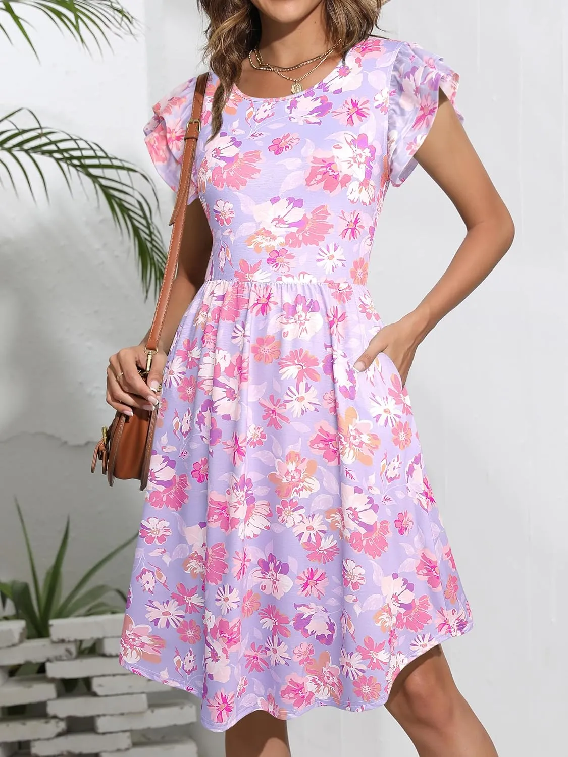 YATHON Casual Dress for Women Summer Round Neck Ruffle Cap Sleeveless Swing A Line Floral High Low Hem Sundresses with Pocket