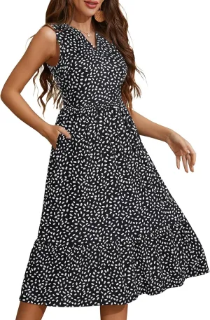 YATHON Womens Summer Sundress Notched Neck Slant A Line Tiered Midi Dresses with Pockets