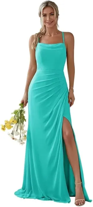 YAUTKA Spaghetti Strap Bridesmaid Dresses for Wedding Long Chiffon Ruffled Formal Evening Party Gown with Slit