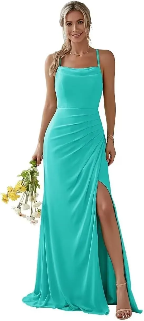 YAUTKA Spaghetti Strap Bridesmaid Dresses for Wedding Long Chiffon Ruffled Formal Evening Party Gown with Slit