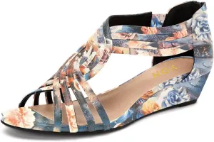 YDN Women Summer Wedge Glitter Sandals Open Toe Rhinestones Cross Over Straps Mid Heels with Back Zippper Holiday Casual Shoe Size 4-15