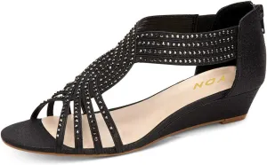 YDN Women Summer Wedge Glitter Sandals Open Toe Rhinestones Cross Over Straps Mid Heels with Back Zippper Holiday Casual Shoe Size 4-15