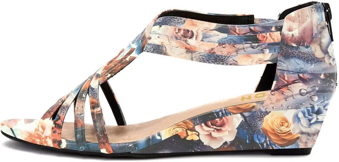 YDN Women Summer Wedge Glitter Sandals Open Toe Rhinestones Cross Over Straps Mid Heels with Back Zippper Holiday Casual Shoe Size 4-15