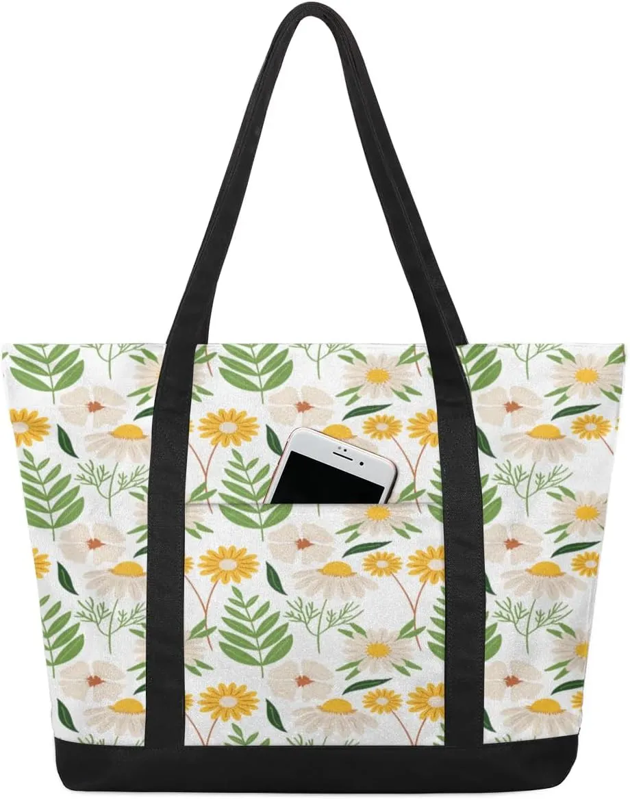 Yellow Flower Green Tote Bag for Women Work Canvas Travel Tote Bags with Zipper Large Capacity Casual Handbag with Inner Pockets Reusable Shopping Shoulder Bag for Teacher Nurse