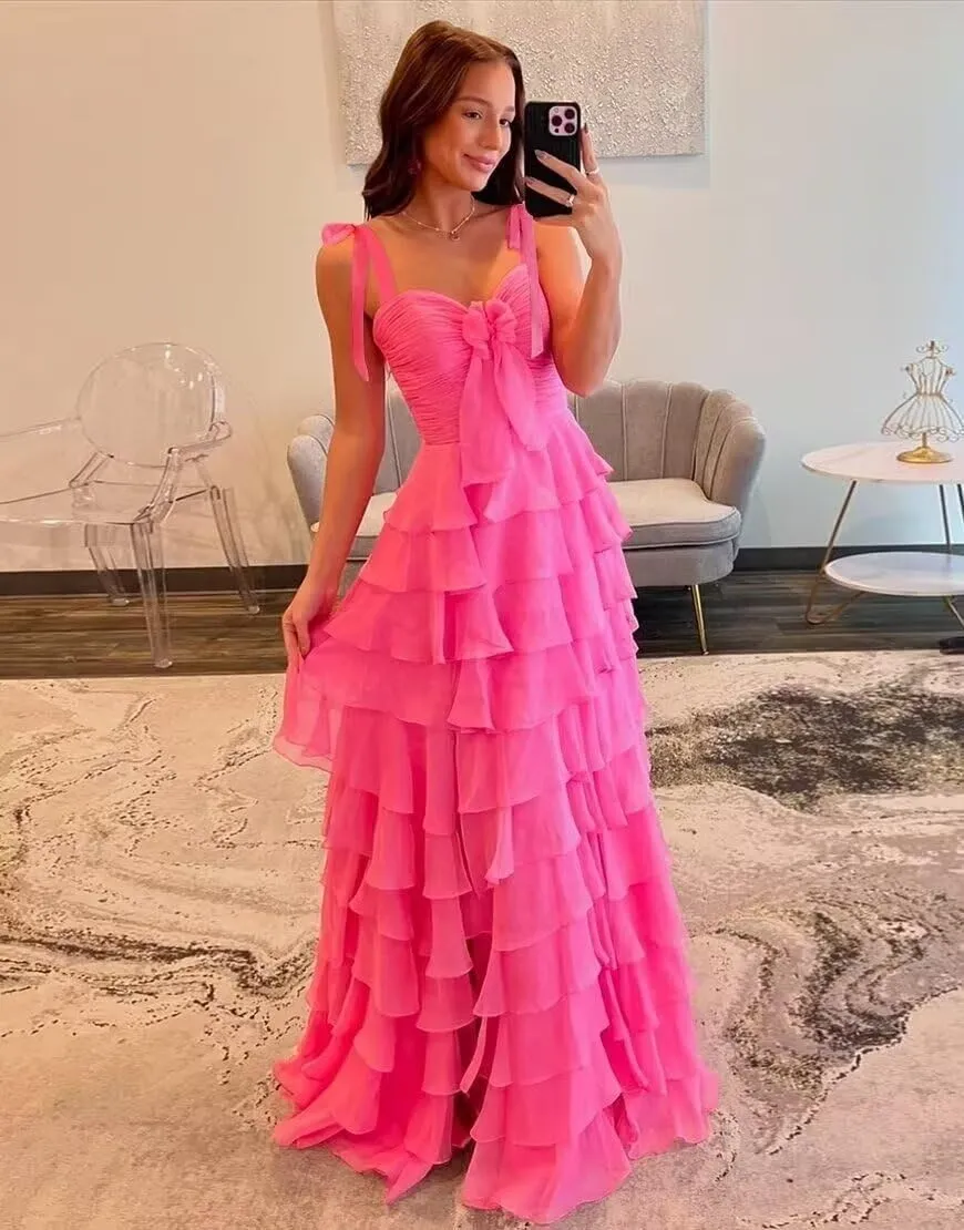 yinyyinhs Tiered Prom Dresses with Bow Long A-Line Chiffon Formal Evening Dress for Women Spaghetti Straps Slit Ball Gown