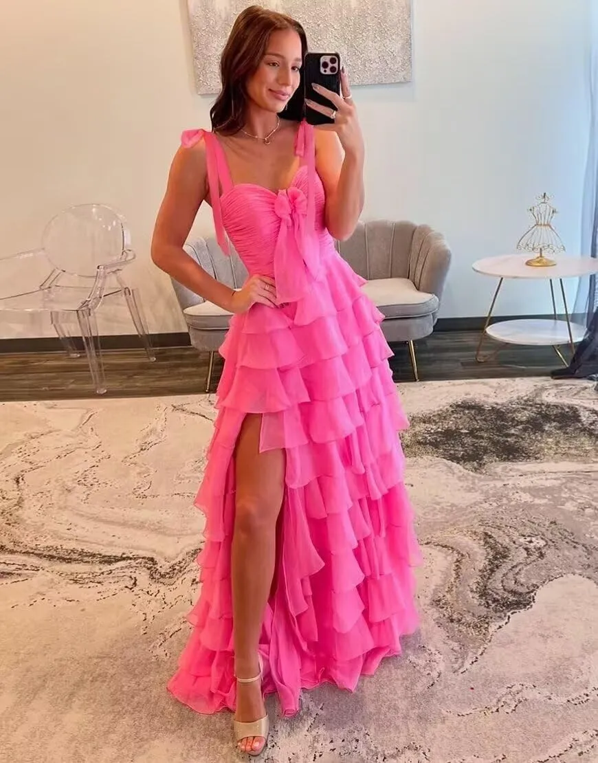 yinyyinhs Tiered Prom Dresses with Bow Long A-Line Chiffon Formal Evening Dress for Women Spaghetti Straps Slit Ball Gown
