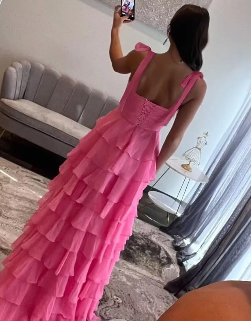 yinyyinhs Tiered Prom Dresses with Bow Long A-Line Chiffon Formal Evening Dress for Women Spaghetti Straps Slit Ball Gown