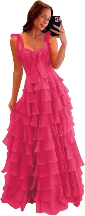 yinyyinhs Tiered Prom Dresses with Bow Long A-Line Chiffon Formal Evening Dress for Women Spaghetti Straps Slit Ball Gown