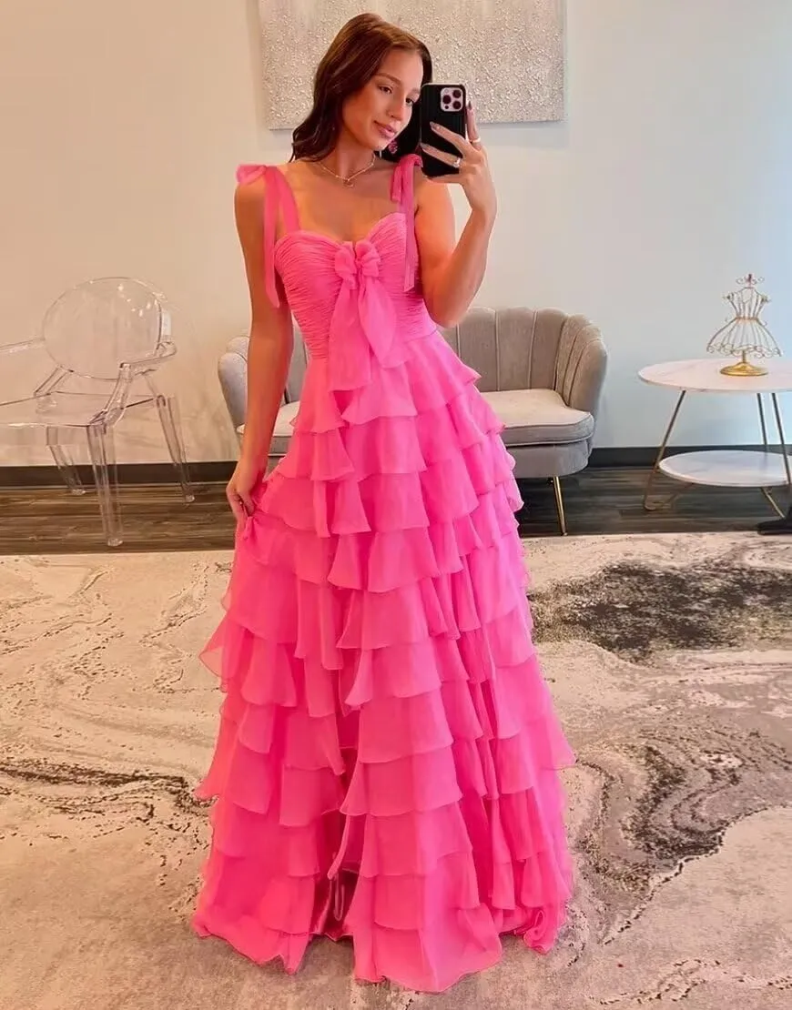 yinyyinhs Tiered Prom Dresses with Bow Long A-Line Chiffon Formal Evening Dress for Women Spaghetti Straps Slit Ball Gown
