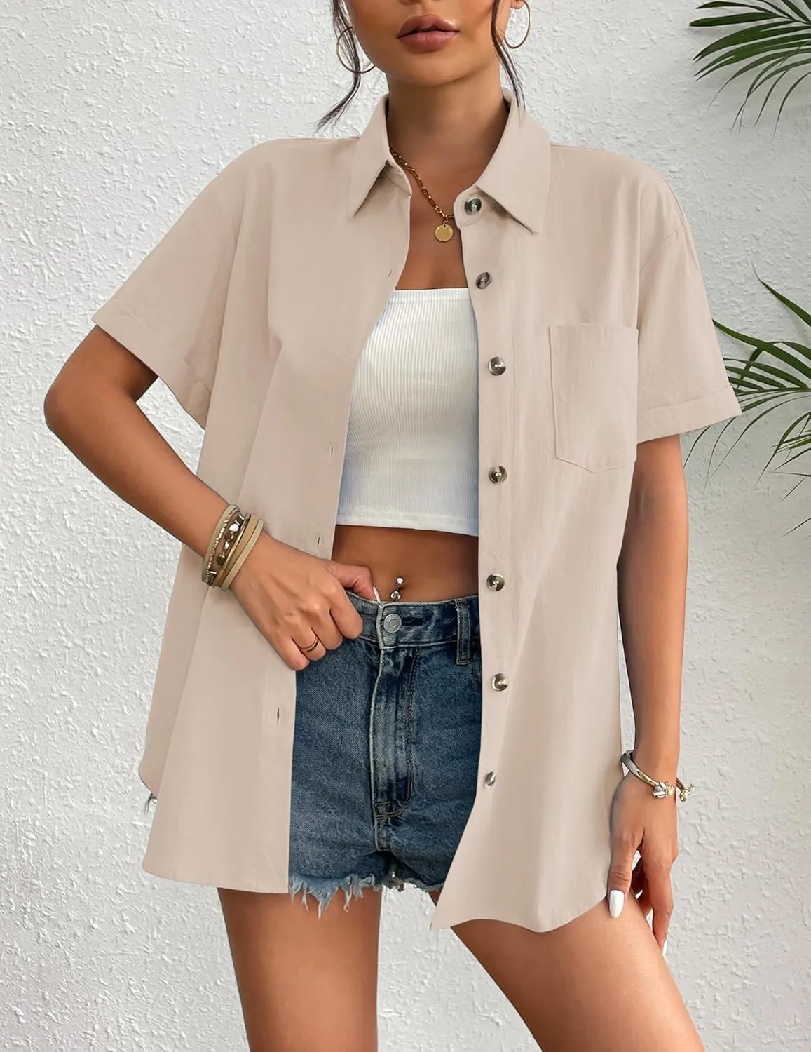 Zeagoo Womens Button Down Linen Shirt Short Sleeve Cotton Blouse Summer Casual Loose Fit Beach Tops S-2XL