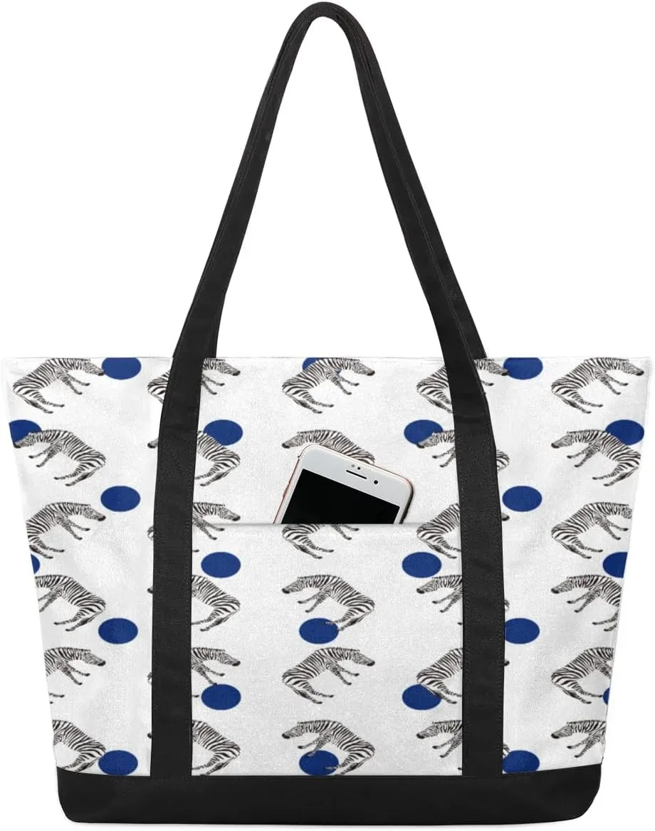 Zebra Blue Polka Tote Bag for Women Work Canvas Travel Tote Bags with Zipper Large Capacity Casual Handbag with Inner Pockets Reusable Shopping Shoulder Bag for Teacher Nurse