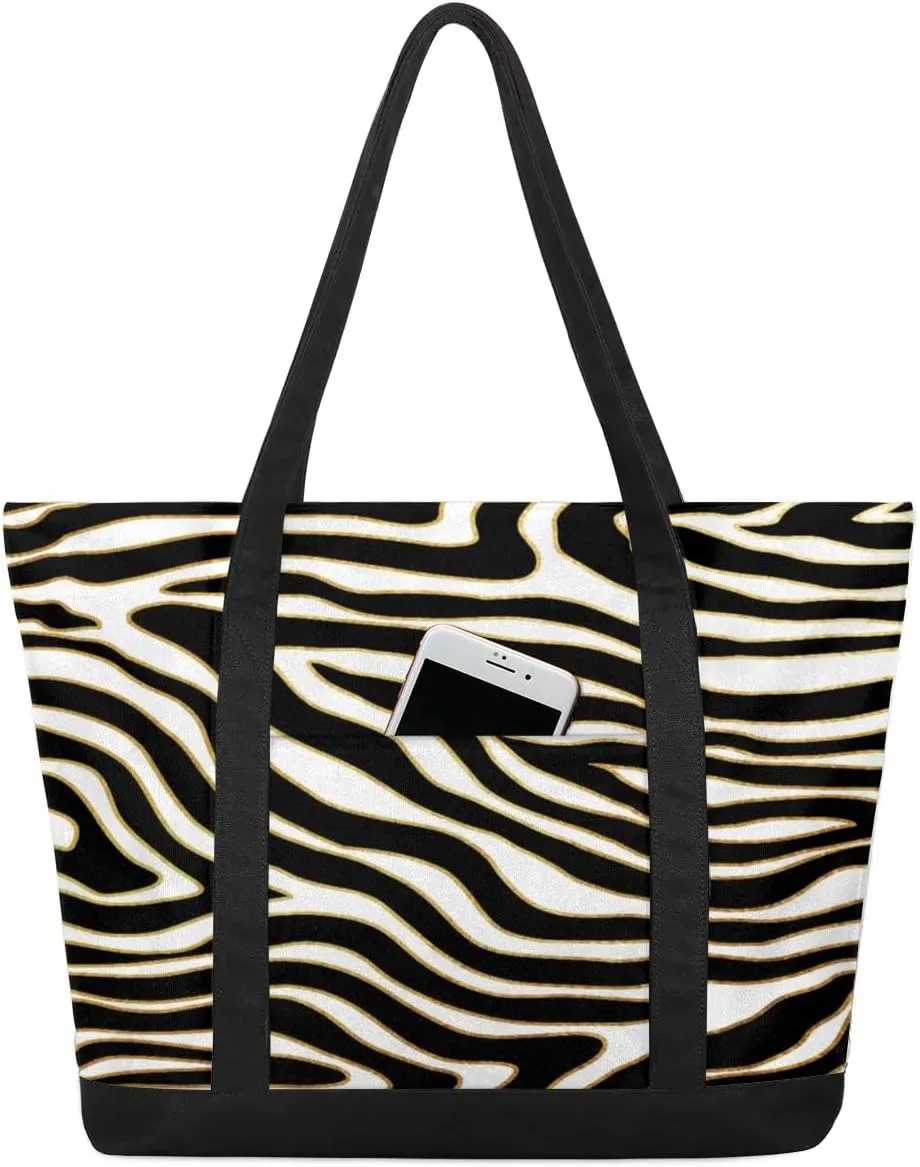 Zebra Print Tote Bag for Women Work Canvas Travel Tote Bags with Zipper Large Capacity Casual Handbag with Inner Pockets Reusable Shopping Shoulder Bag for Teacher Nurse