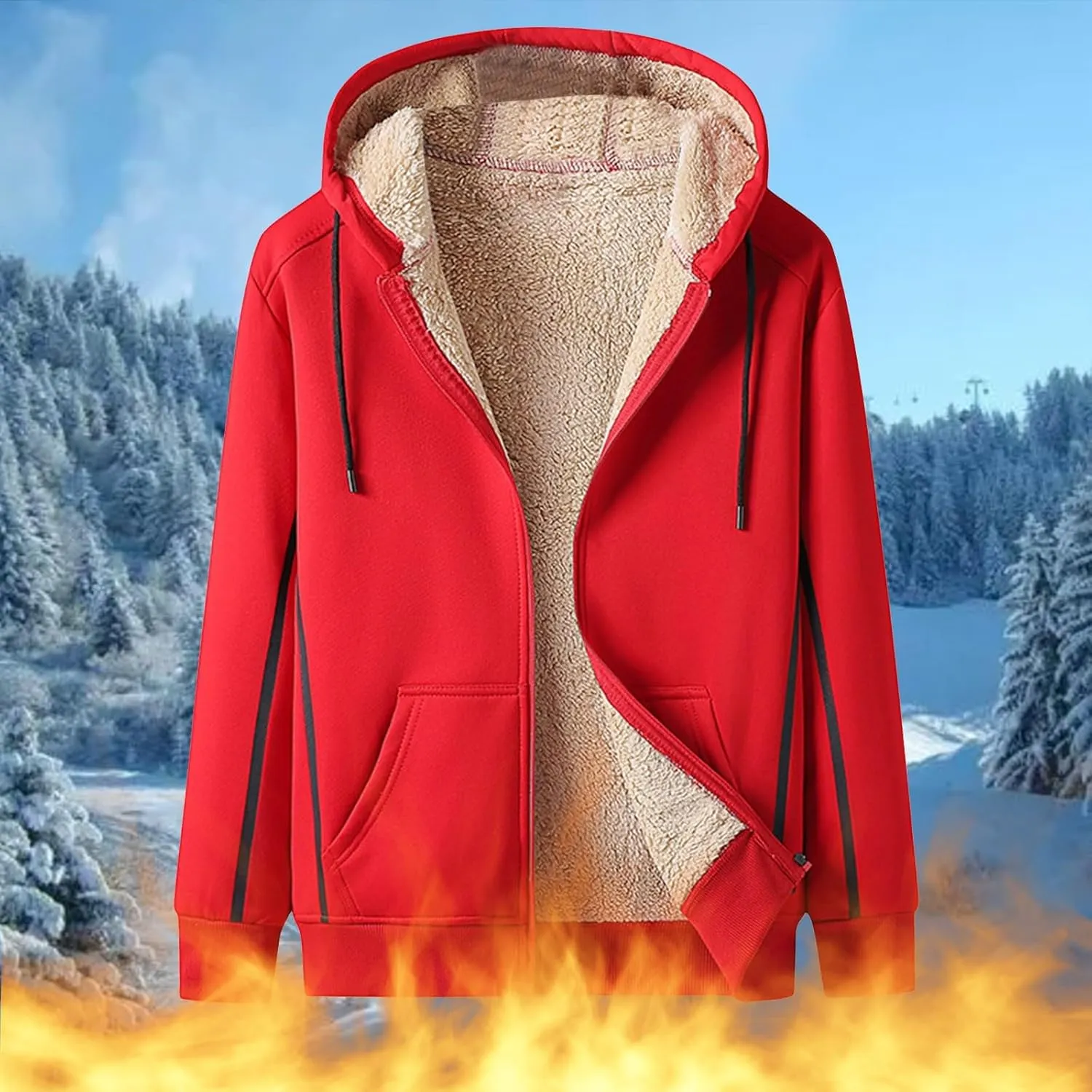 Zeiyignr Men Hoodies Zip Up Fleece Jacket Heavyweight Sherpa Lined Hooded Sweatshirt Warm Thick Winter Coat Cozy Windbreaker