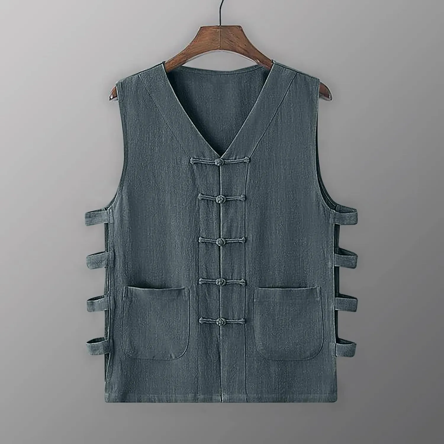 Zeiyignr Mens Cotton Linen Tank Tops Chinese Frog Button Sleveeless Shirt Retro China Traditional Tai Chi Kong Fu Vest Jacket