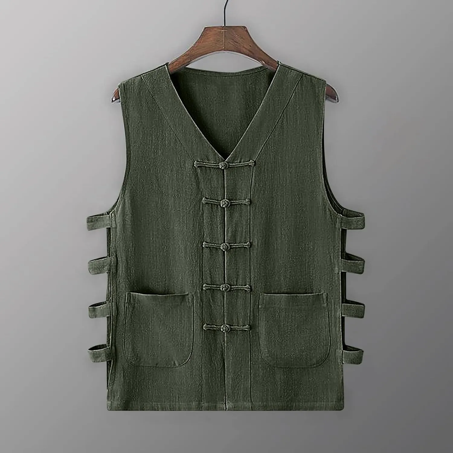 Zeiyignr Mens Cotton Linen Tank Tops Chinese Frog Button Sleveeless Shirt Retro China Traditional Tai Chi Kong Fu Vest Jacket