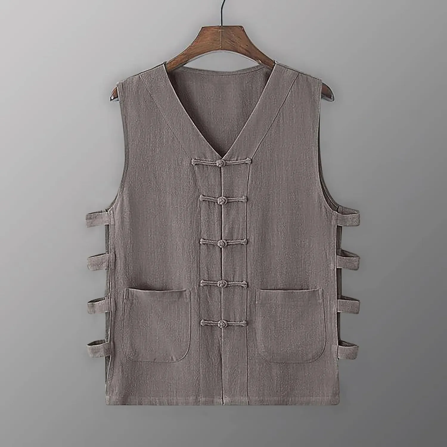 Zeiyignr Mens Cotton Linen Tank Tops Chinese Frog Button Sleveeless Shirt Retro China Traditional Tai Chi Kong Fu Vest Jacket