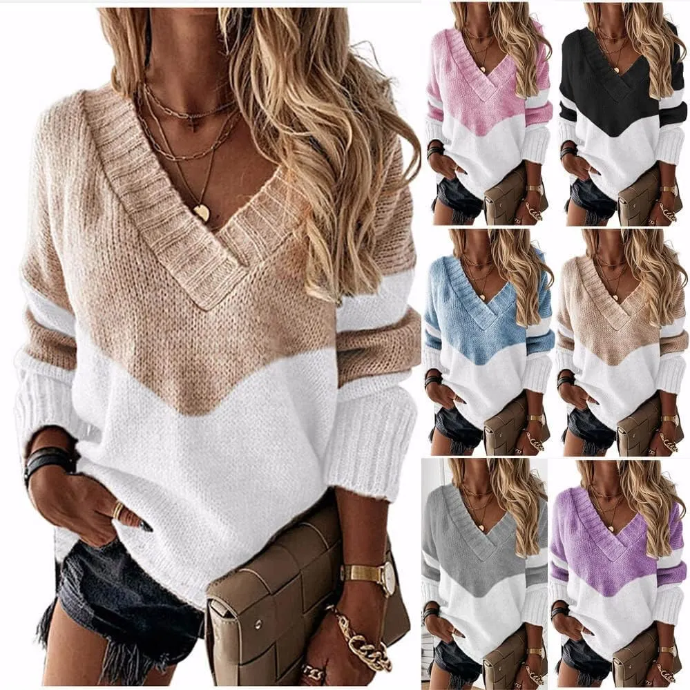 ZOCANIA Womens V Neck Sweater Oversize Leopard Print Sweaters Knit Long Sleeve Jumper Sweater Color Block Pullover for Women