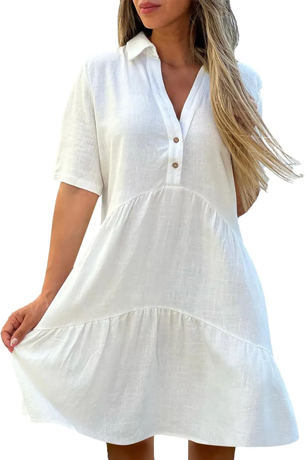 ZYXTIM Cotton Linen Summer Dress for Women V Neck Short Sleeve Lapel Casual Dress Plus Size Cool Dry Beach Cover Up Dress