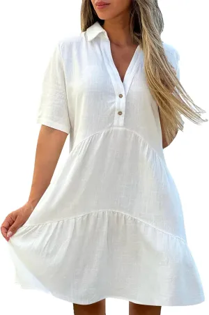 ZYXTIM Cotton Linen Summer Dress for Women V Neck Short Sleeve Lapel Casual Dress Plus Size Cool Dry Beach Cover Up Dress