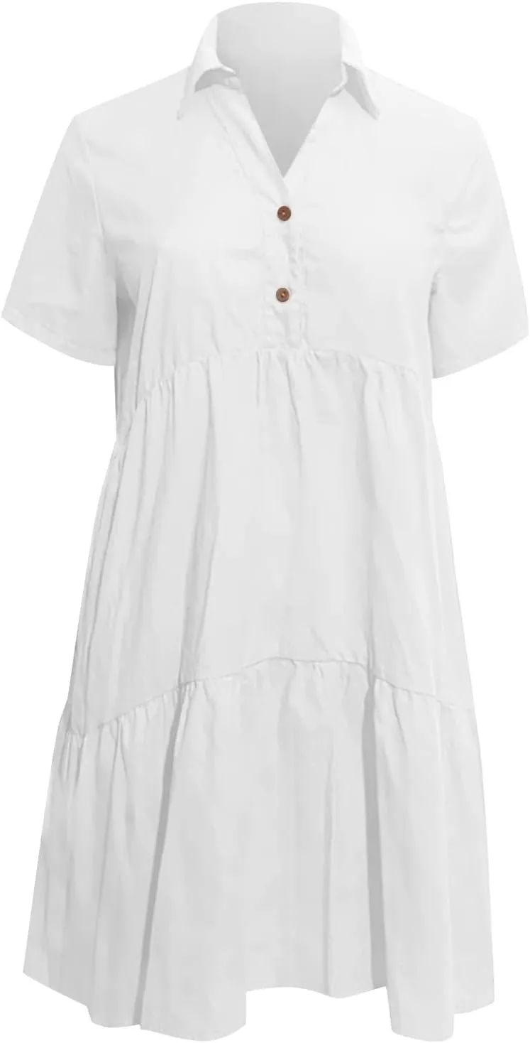 ZYXTIM Cotton Linen Summer Dress for Women V Neck Short Sleeve Lapel Casual Dress Plus Size Cool Dry Beach Cover Up Dress