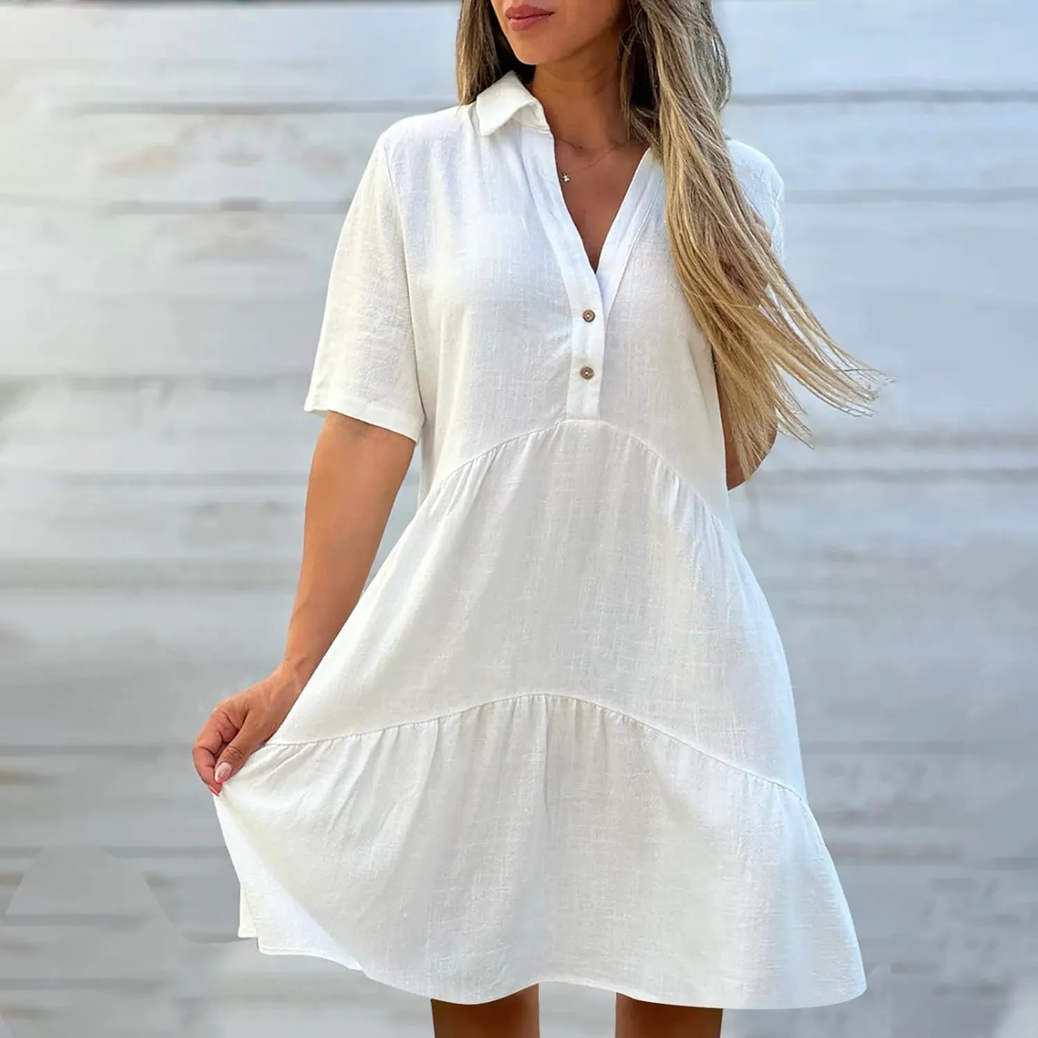 ZYXTIM Cotton Linen Summer Dress for Women V Neck Short Sleeve Lapel Casual Dress Plus Size Cool Dry Beach Cover Up Dress