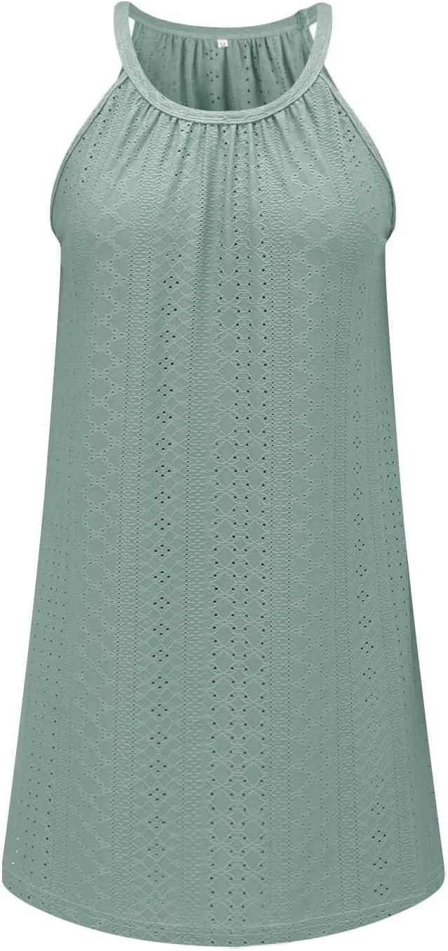 ZYXTIM Women's Eyelet Embroidery Summer Dresses Halter Neck Sleeveless A-Line Ruffle Swing Dresses Beach Resort Wear Dress