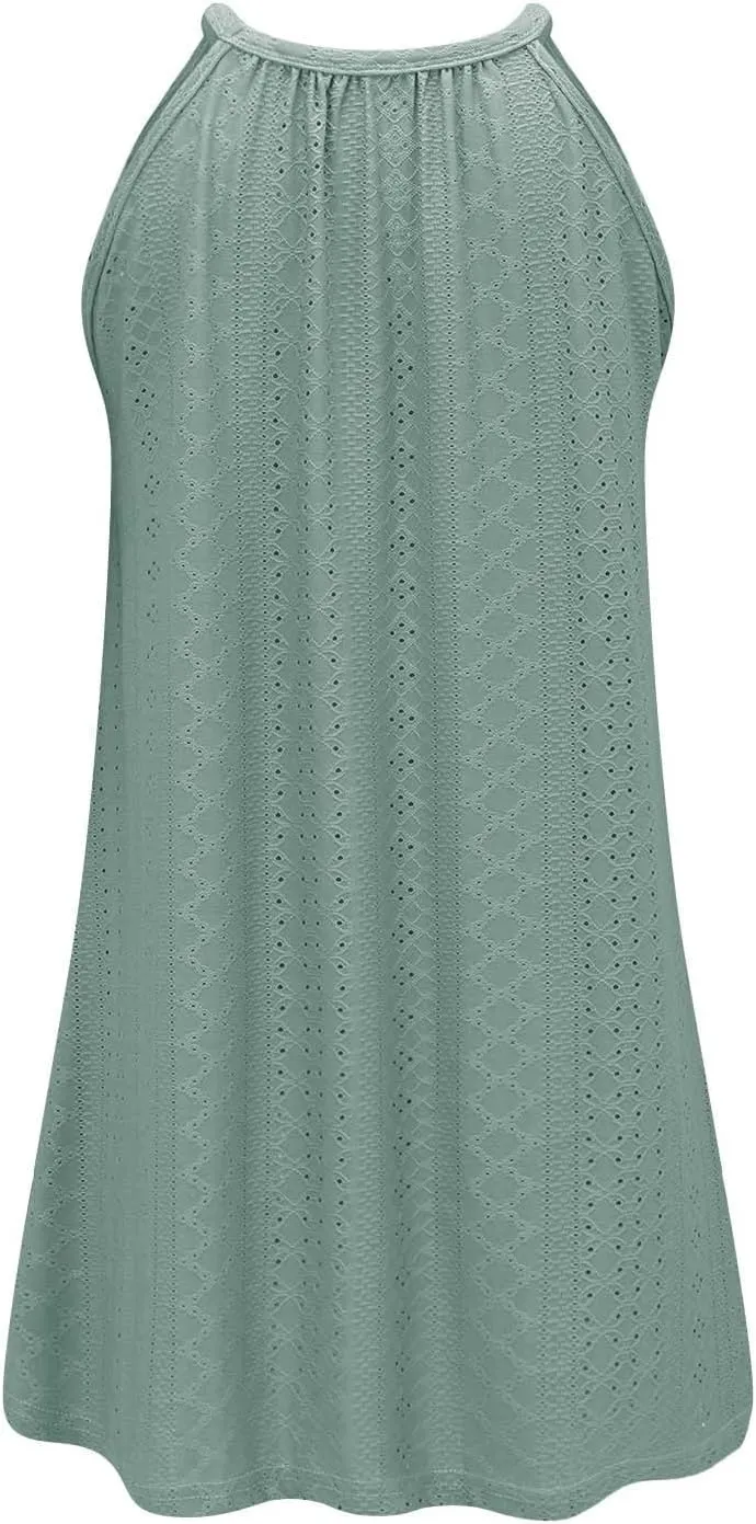 ZYXTIM Women's Eyelet Embroidery Summer Dresses Halter Neck Sleeveless A-Line Ruffle Swing Dresses Beach Resort Wear Dress